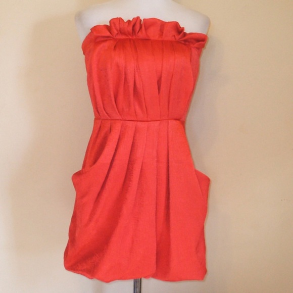Strapless Coral Rachel Roy Flounce Mini Dress with Pockets - size 8 - Like New - Picture 1 of 8